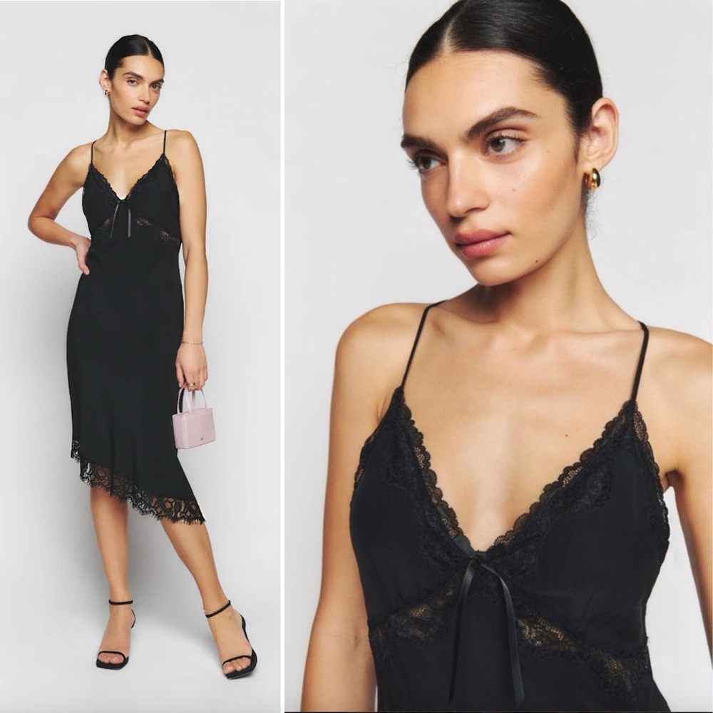 Reformation Black Lace-Trim Slip Midi Dress
